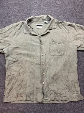 Batik Bay Men's Large 100% Silk Jacquard Palm Camp Shirt Olive Green Hawaiian